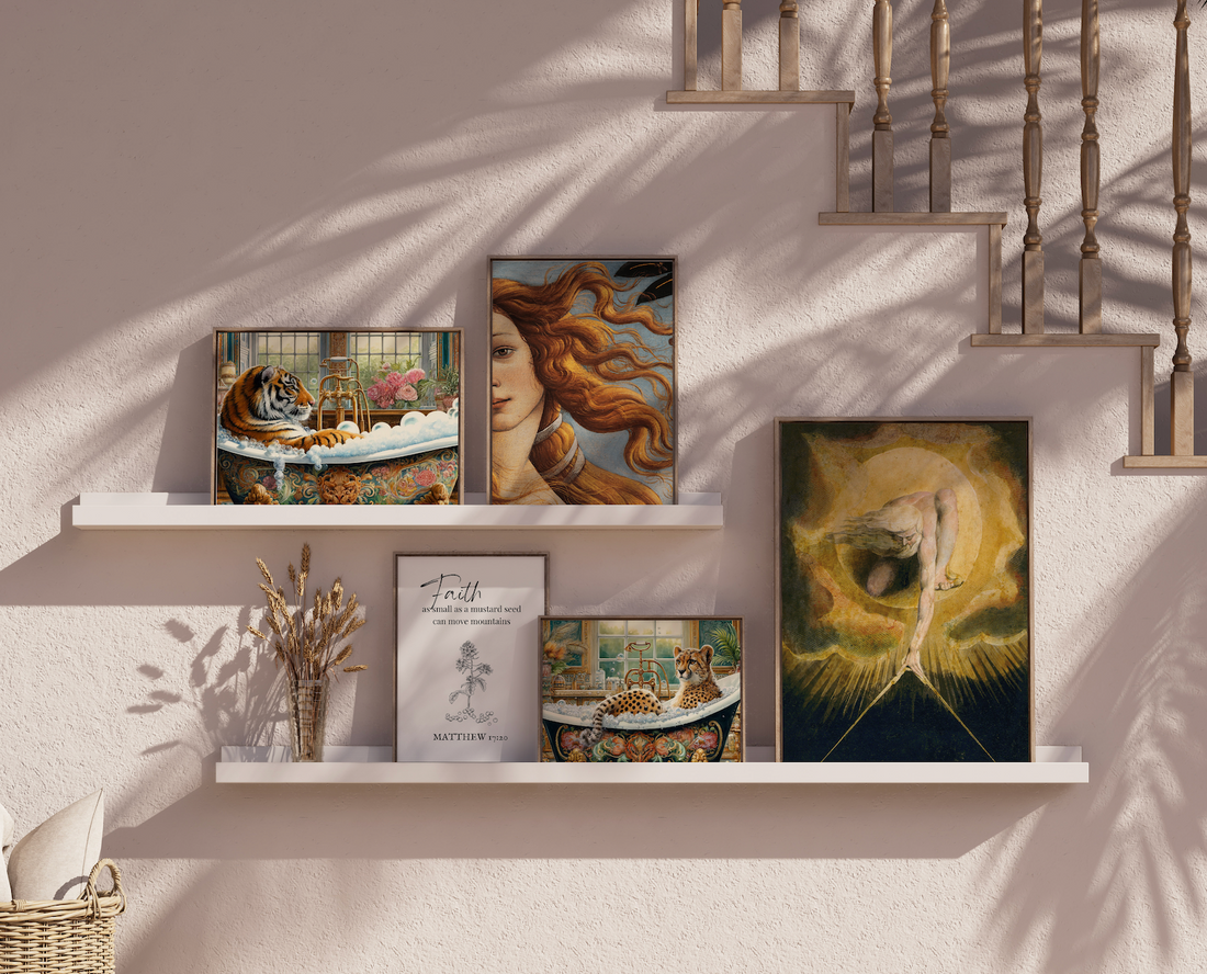 Creating a Stunning Gallery Wall Top 5 Tips image of 5 artworks arranged in an elegant gallery wall by Artscape Market