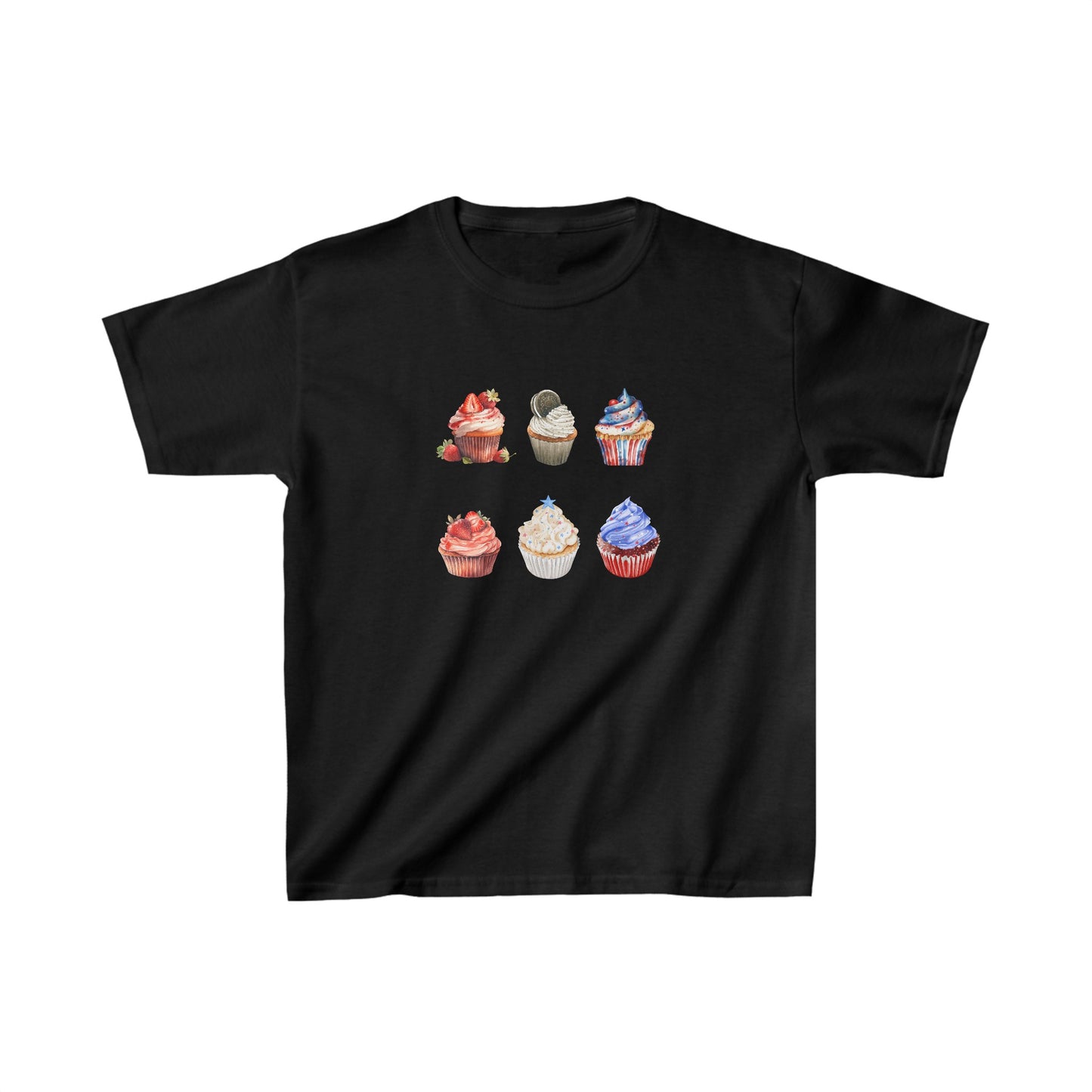 4th of July Women's Graphic Baby Tee Collage. Y2K aesthetic shirt. Independence Day cupcakes. Retro Graphic Top for women