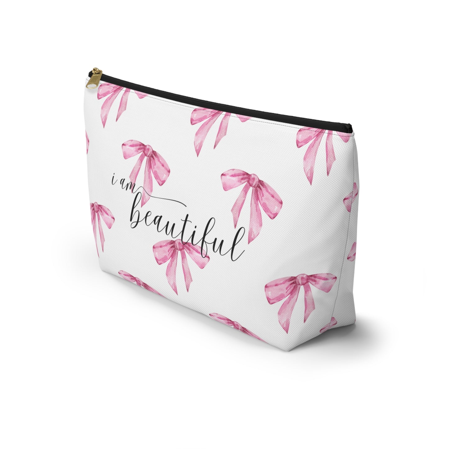 Pink Bows I am Beautiful Accessory Pouch w T-bottom, make up bag, travel accessory, document pouch