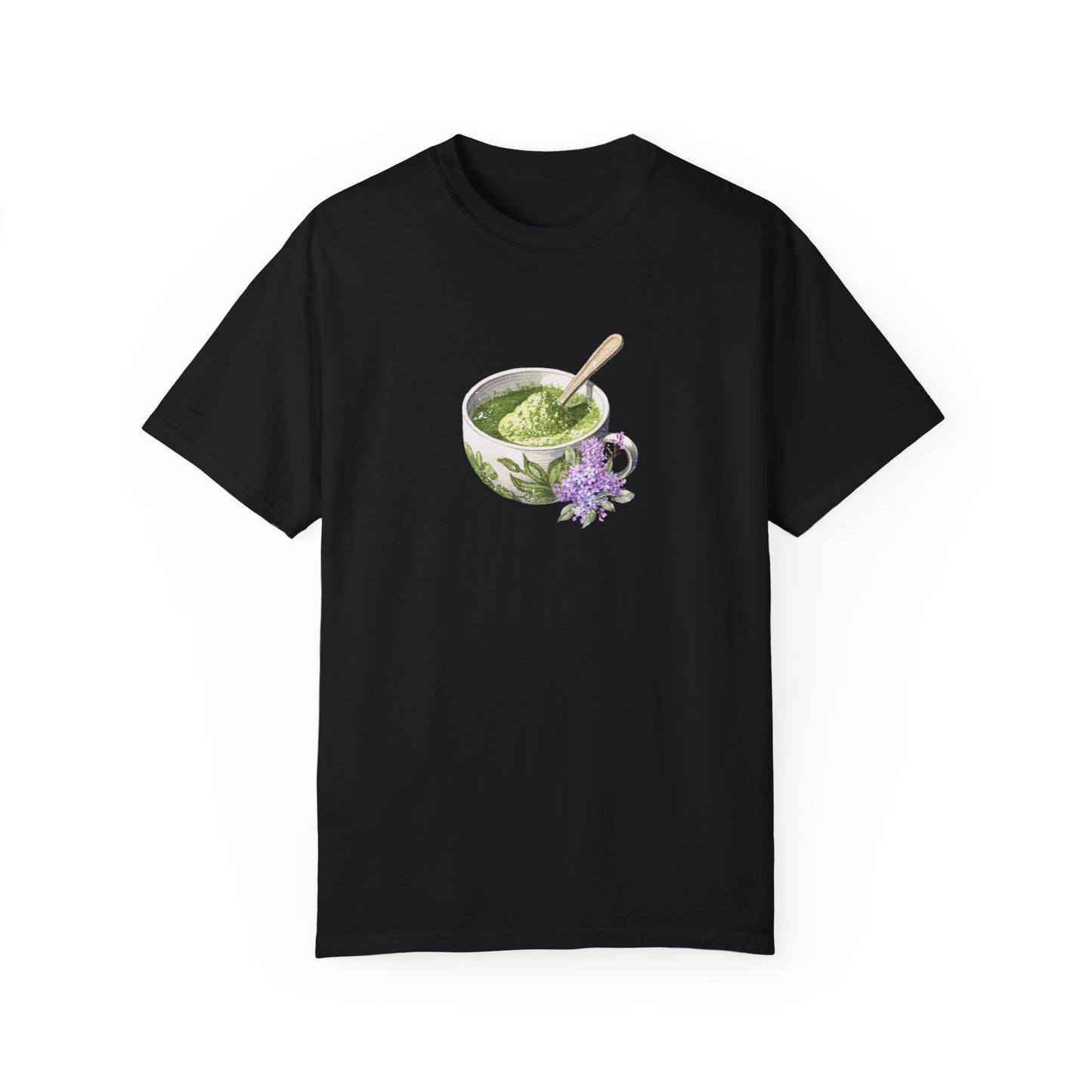 Matcha Green Tea Cup with Lavender Summer T Shirt. Matcha Retro Graphic Shirt