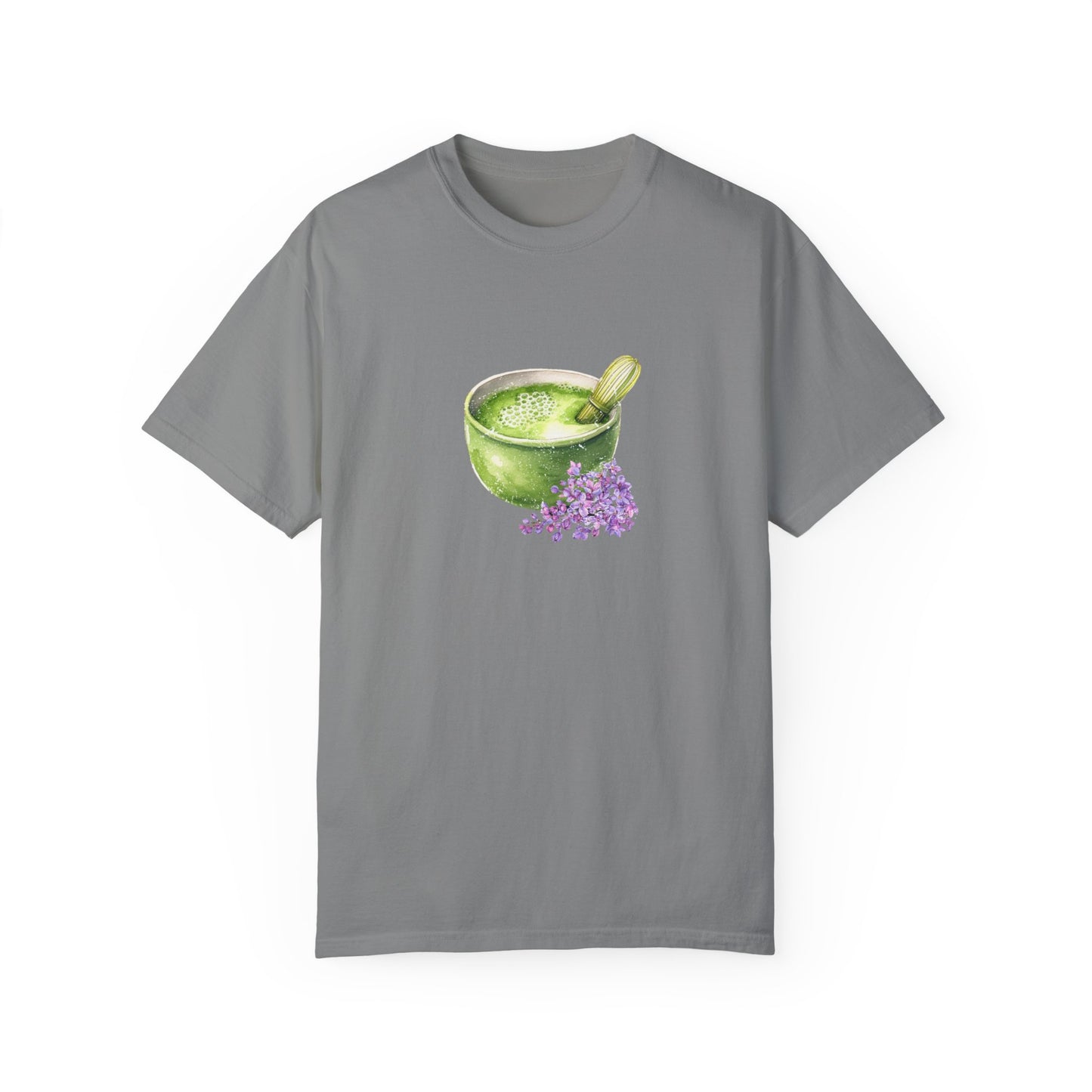 Matcha Green Tea Bowl with Lavender Summer T Shirt. Matcha Retro Graphic Shirt