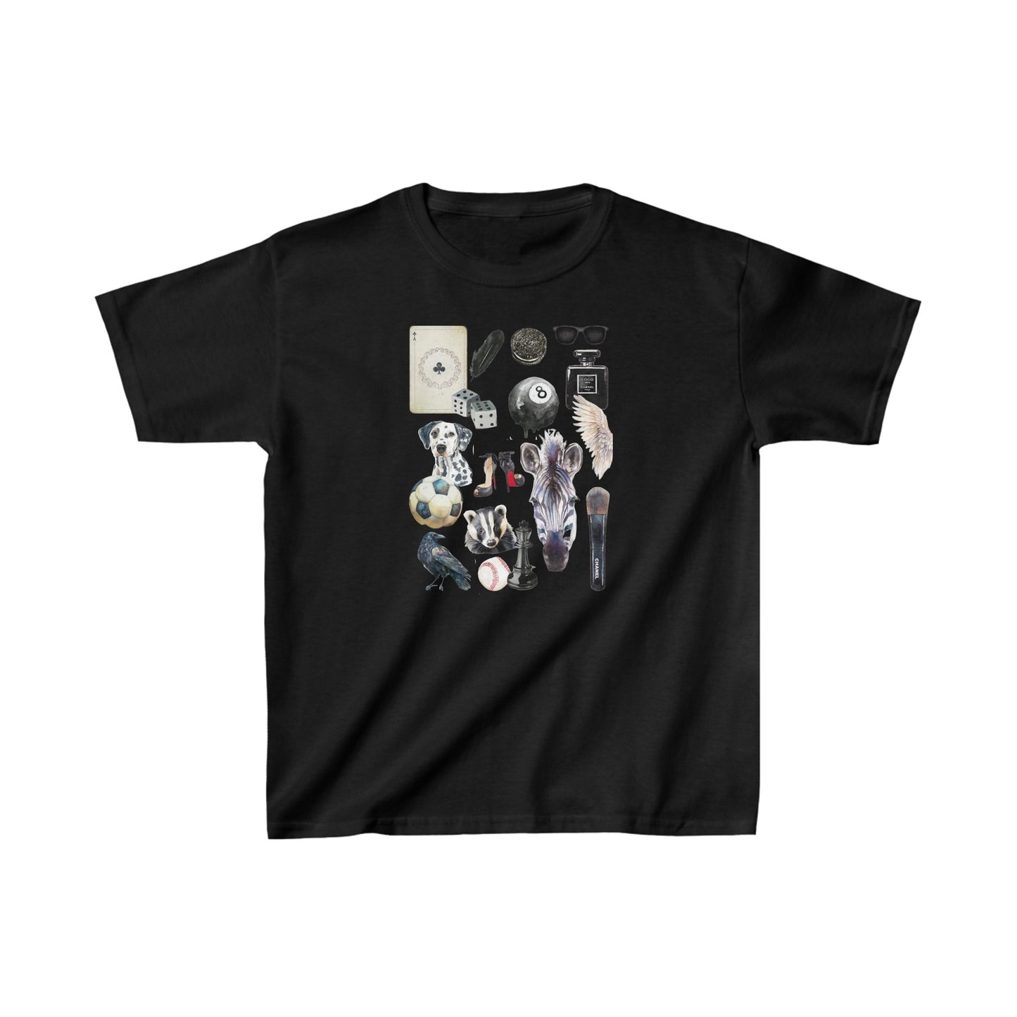 Women's Baby Tee Black and White Scrapbook Collage Design.