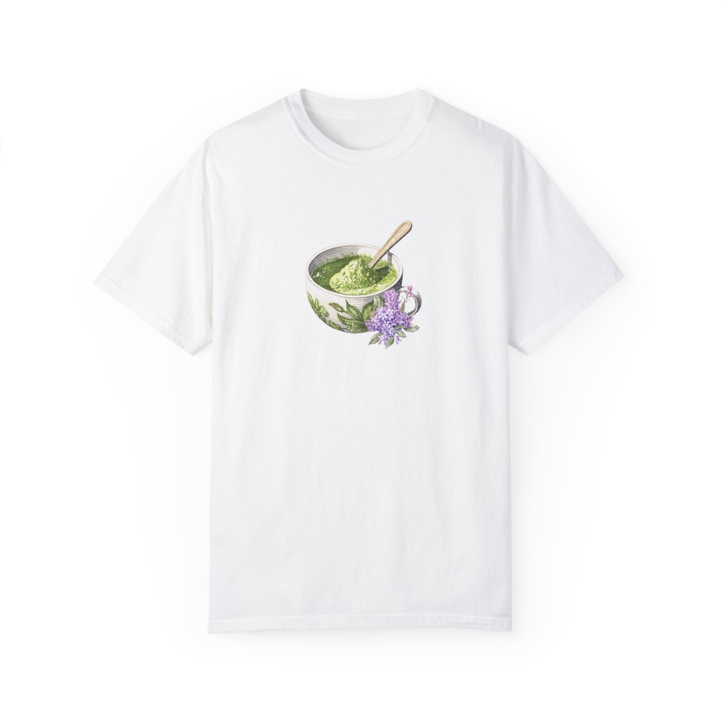 Matcha Green Tea Cup with Lavender Summer T Shirt. Matcha Retro Graphic Shirt