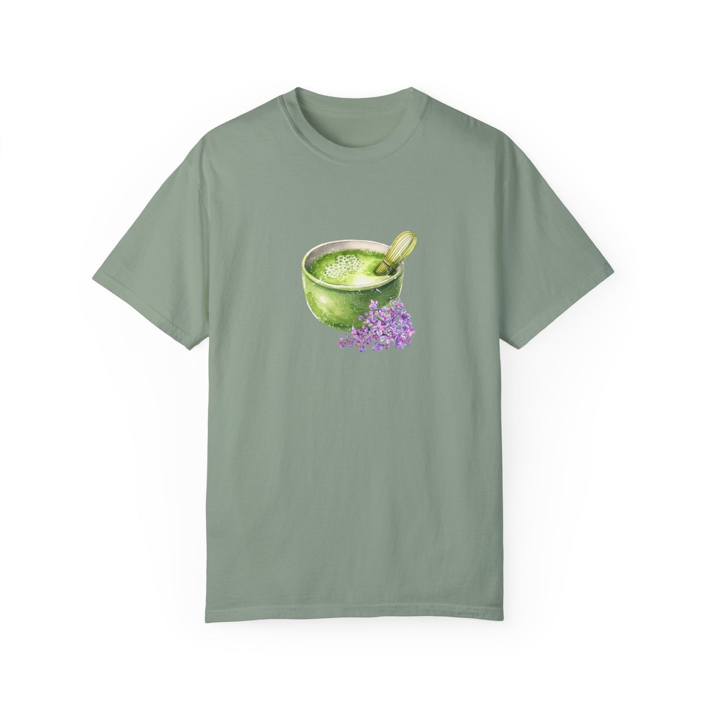 Matcha Green Tea Bowl with Lavender Summer T Shirt. Matcha Retro Graphic Shirt