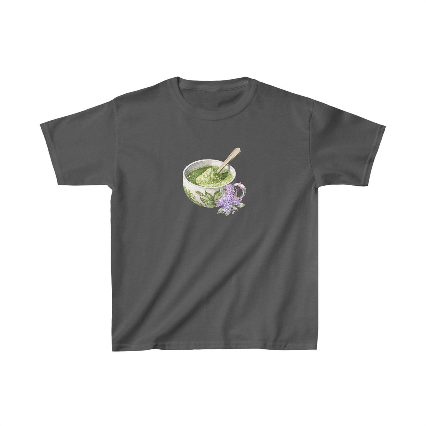 Matcha and Lavender Tea Cup Graphic Baby Tee. Matcha Retro Graphic T Shirt