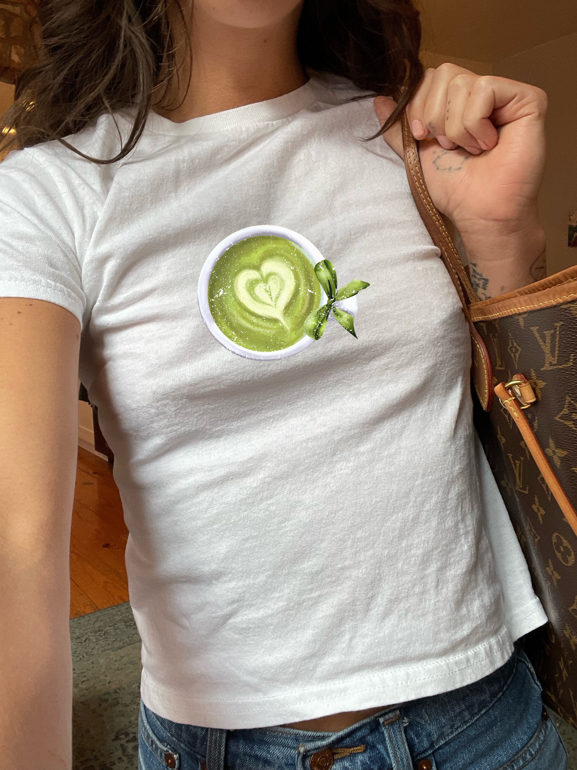 Women's Graphic Baby Tee featuring matcha tea with bow. Retro Aesthetic shirt. 