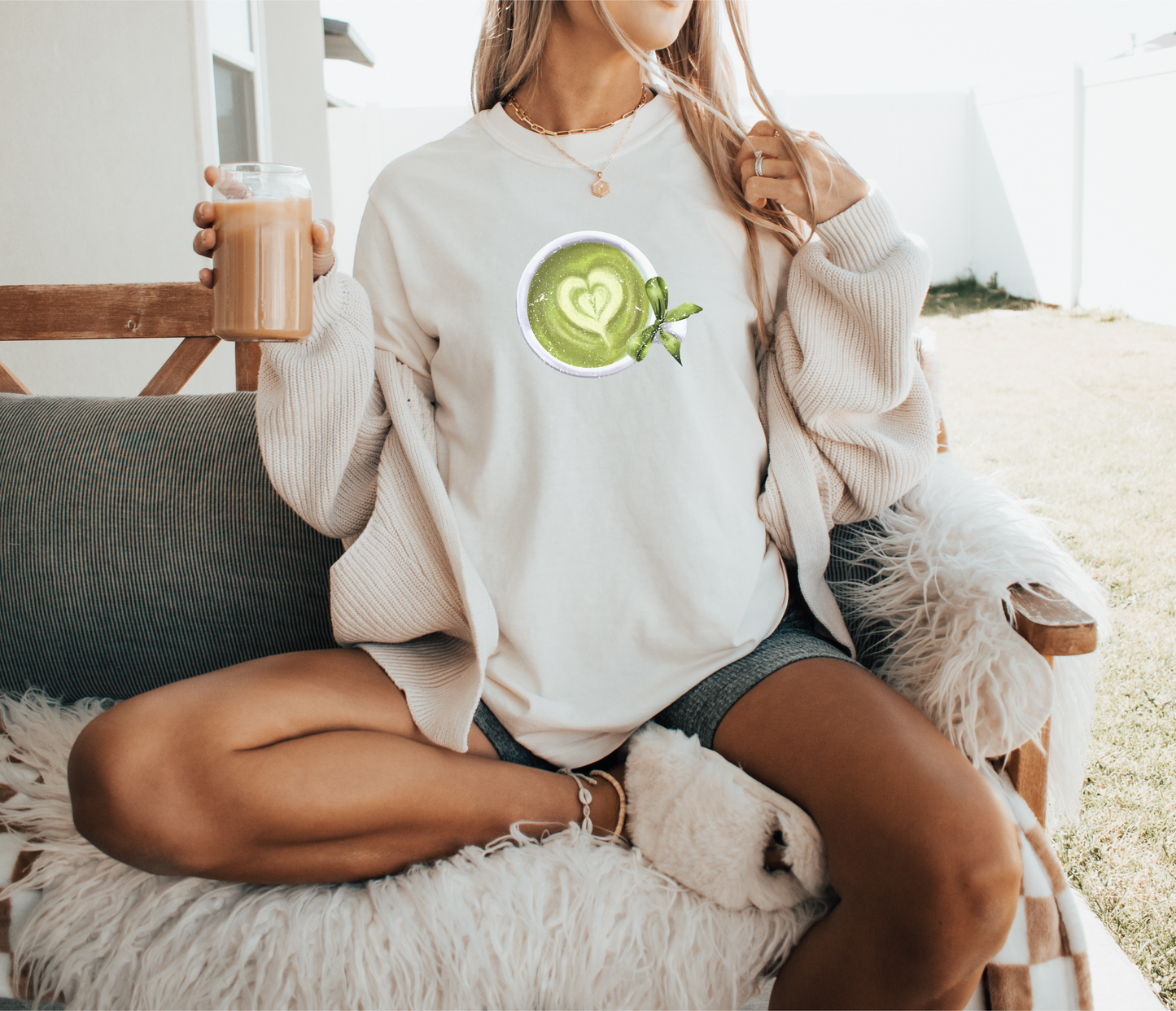 Matcha Green Tea Cup with Bow Summer T Shirt. Matcha Retro Graphic Shirt