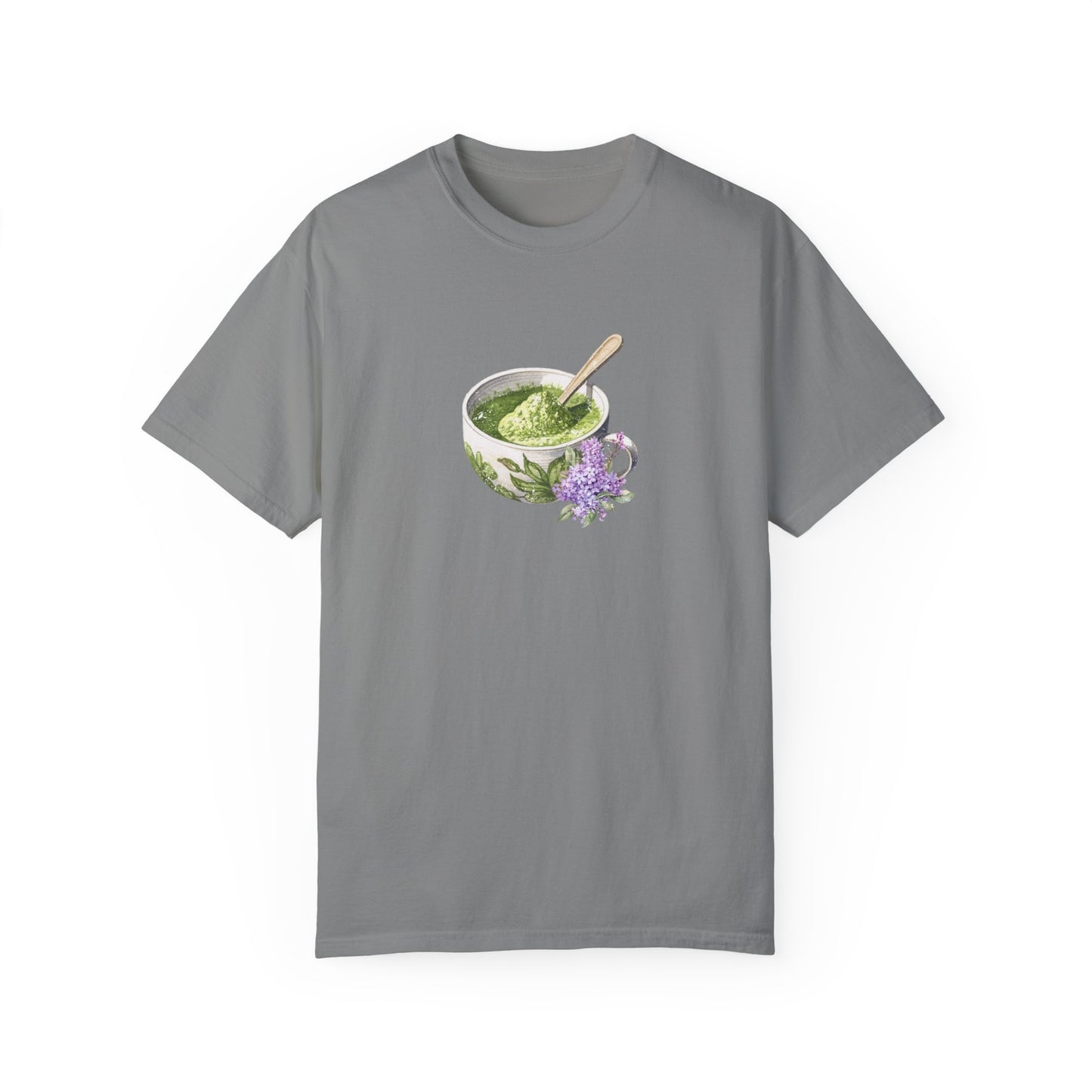 Matcha Green Tea Cup with Lavender Summer T Shirt. Matcha Retro Graphic Shirt