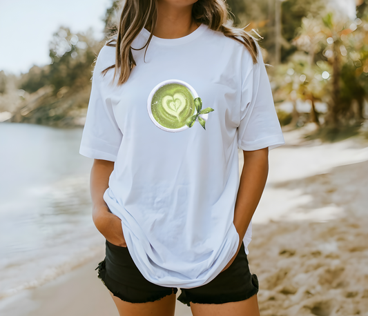 Matcha Green Tea Cup with Bow Summer T Shirt. Matcha Retro Graphic Shirt