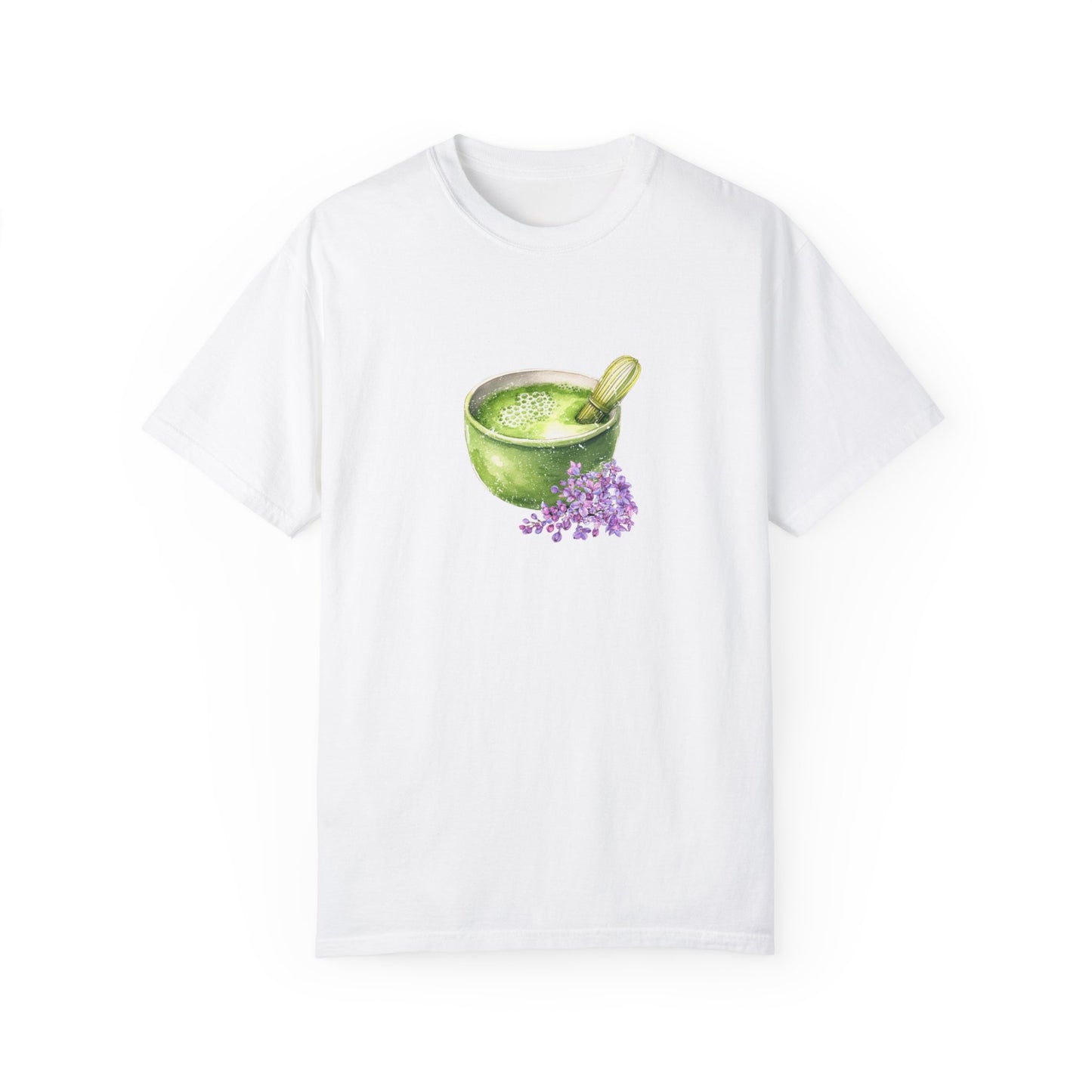 Matcha Green Tea Bowl with Lavender Summer T Shirt. Matcha Retro Graphic Shirt