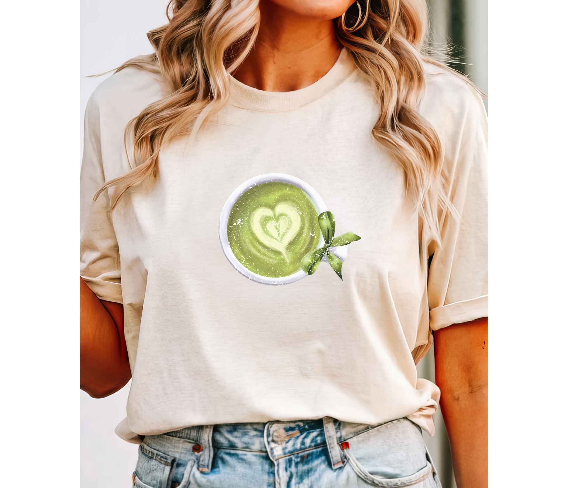 Matcha Green Tea Cup with Bow Summer T Shirt. Matcha Retro Graphic Shirt