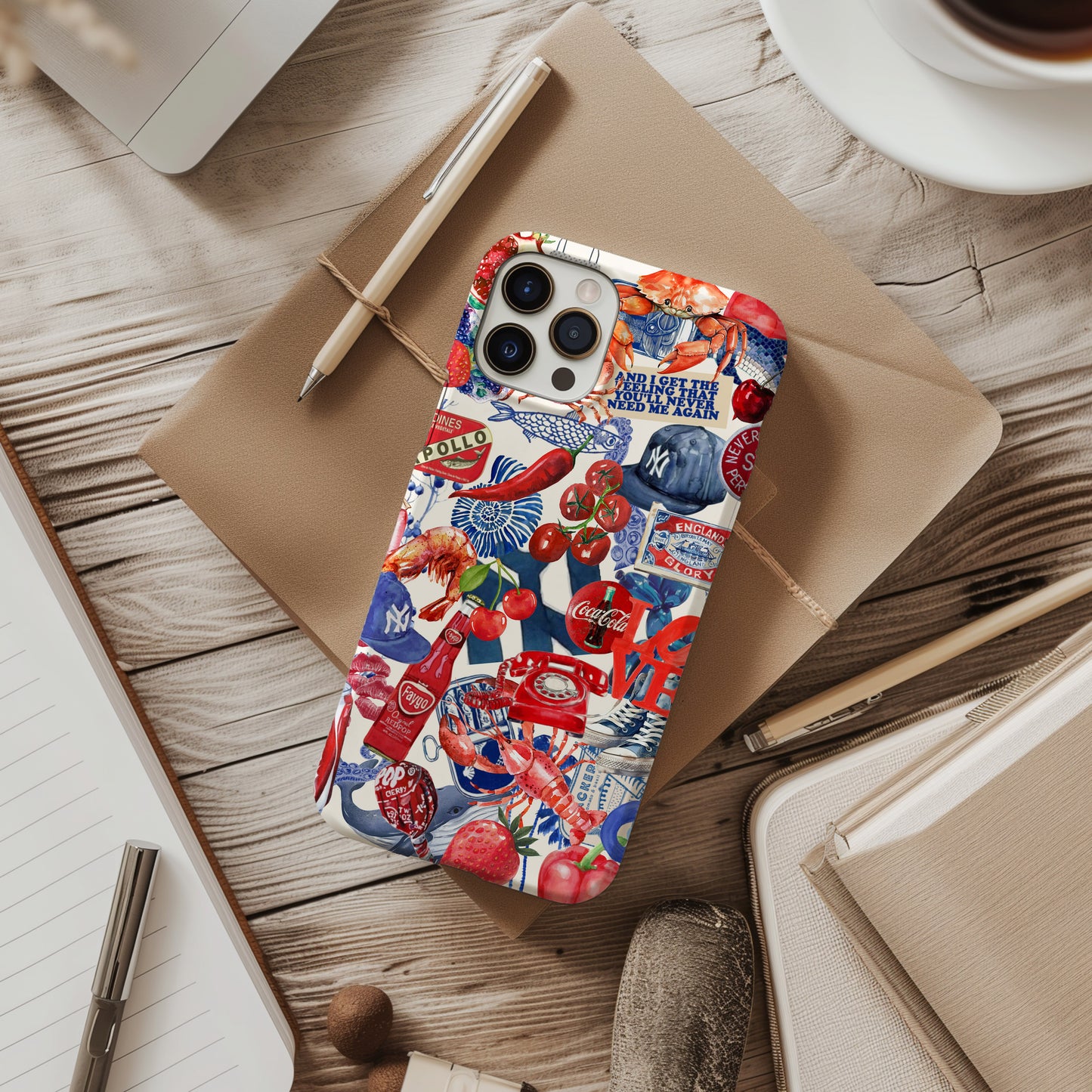 desk view Red White and Blue Watercolor Collage Phone Case. 4th July Scrapbook style phone case for iPhone and Samsung Galaxy Preppy Summer phone case by Artscape Market
