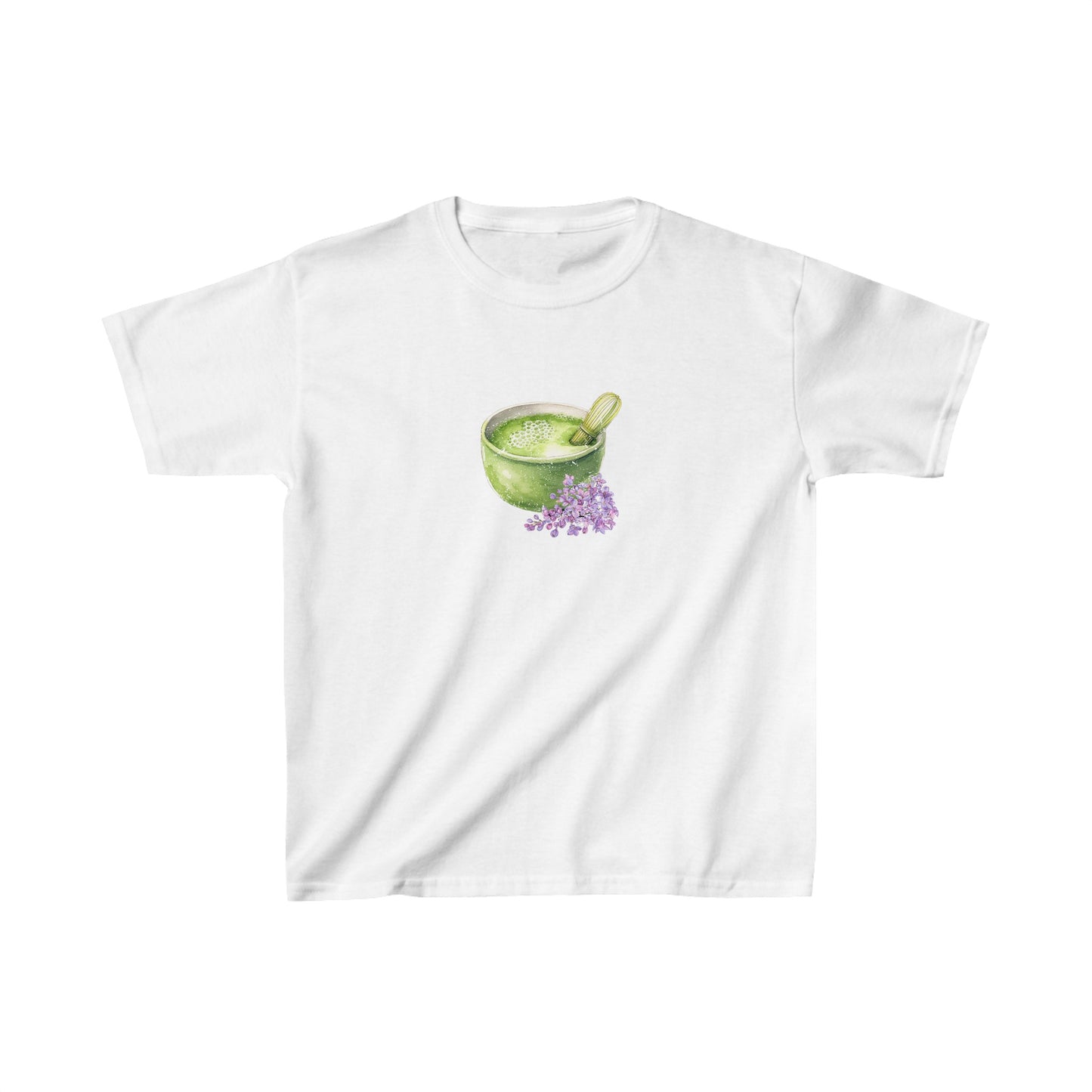 Matcha Green Tea Bowl with flowers Graphic Baby Tee. Matcha Retro Graphic T Shirt