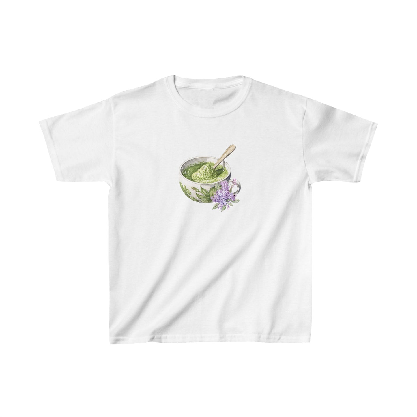 Matcha and Lavender Tea Cup Graphic Baby Tee. Matcha Retro Graphic T Shirt