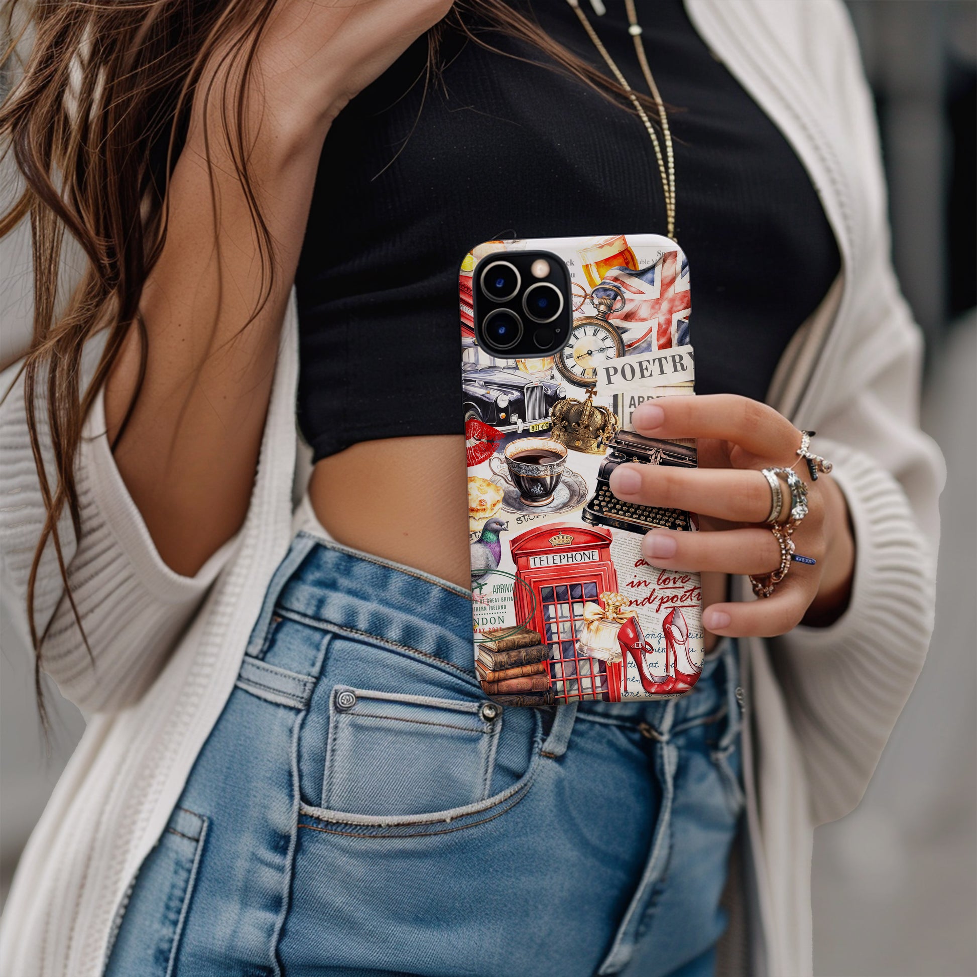 Girl holding So Long London Tortured Poets Department Collage Phone Case  by Artscape Market