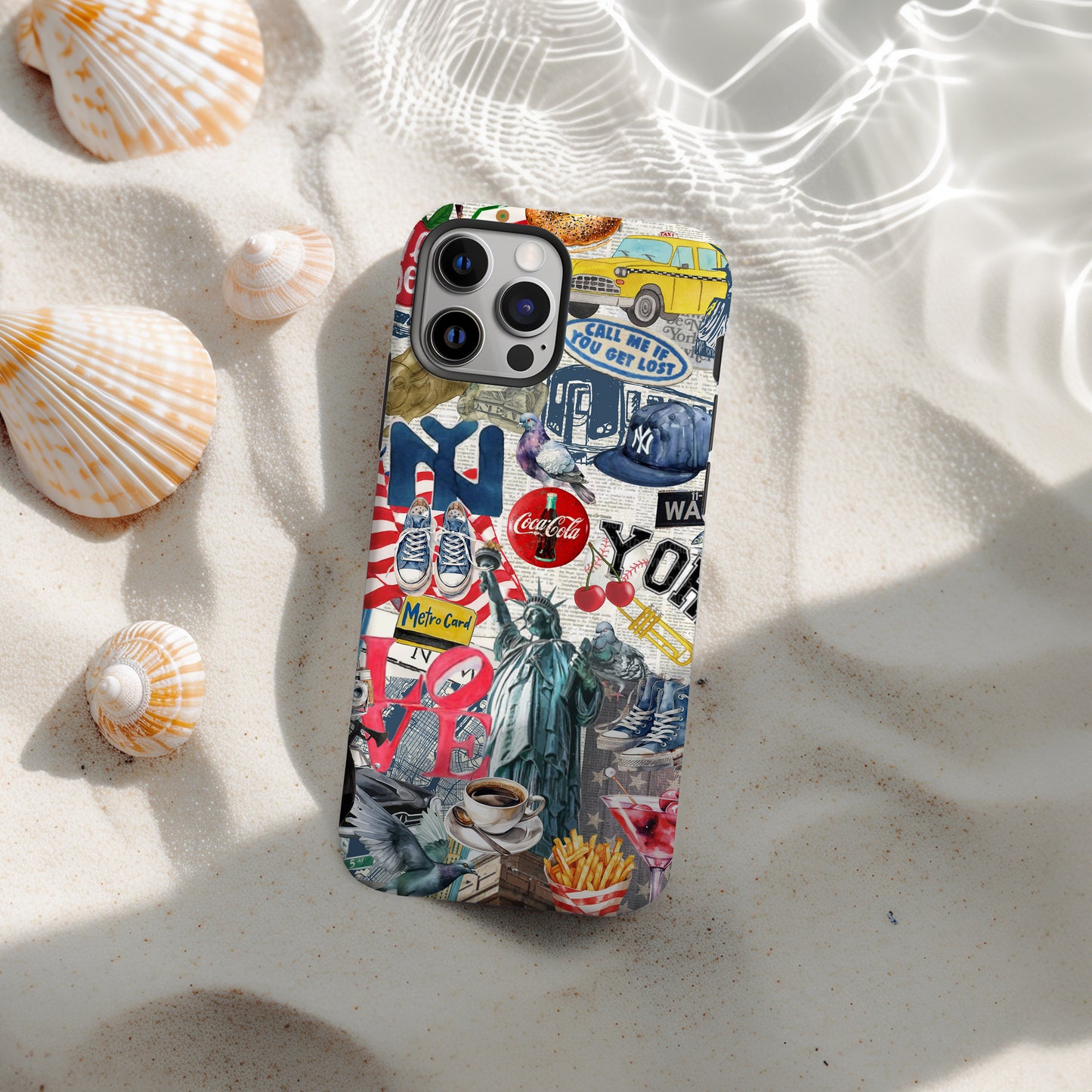 beach view of NY City Collage Phone Case. Scrapbook style collage phone case. New York City phone case for iPhone and Samsung Galaxy by Artscape Market