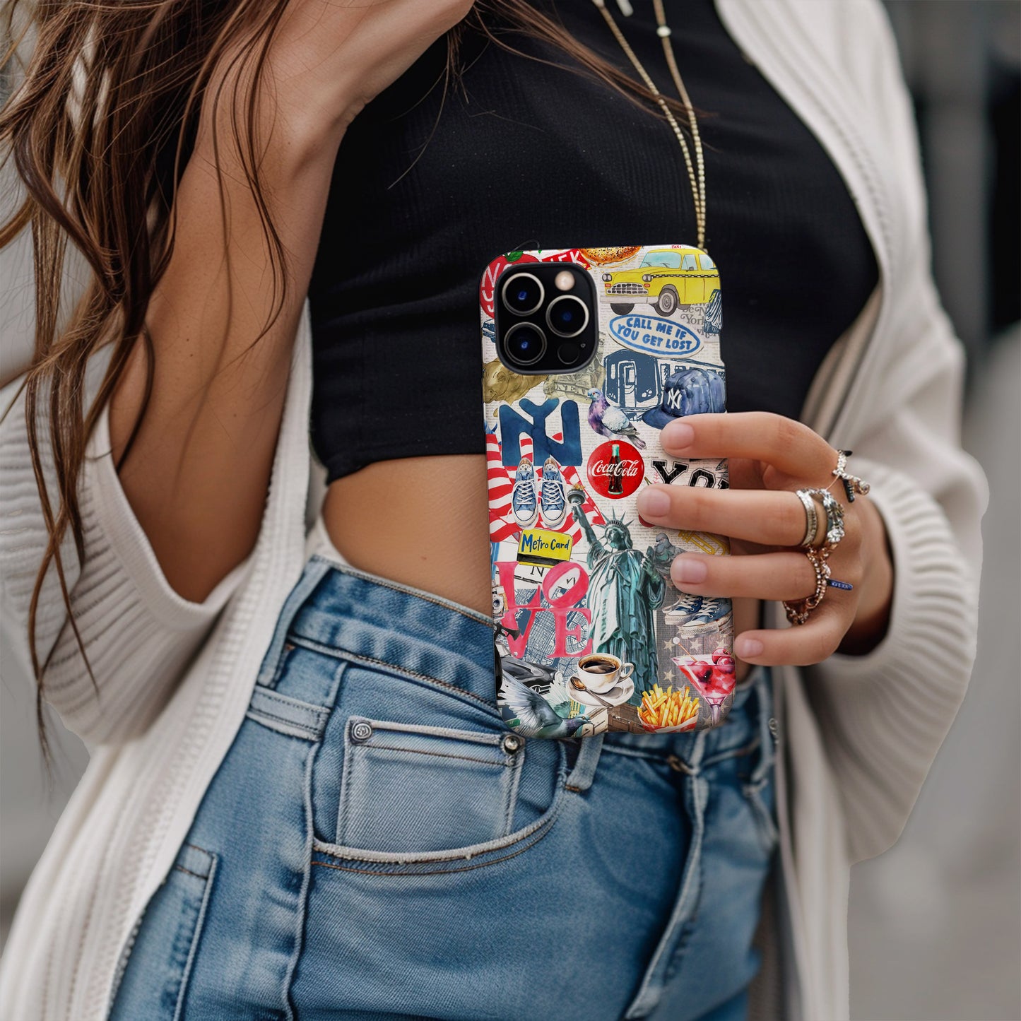 girl holding NY City Collage Phone Case. Scrapbook style collage phone case. New York City phone case for iPhone and Samsung Galaxy by Artscape Market