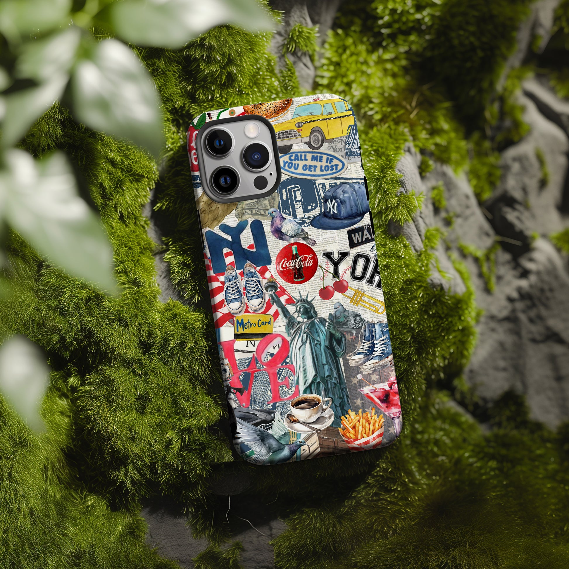 moss rock of NY City Collage Phone Case. Scrapbook style collage phone case. New York City phone case for iPhone and Samsung Galaxy by Artscape Market