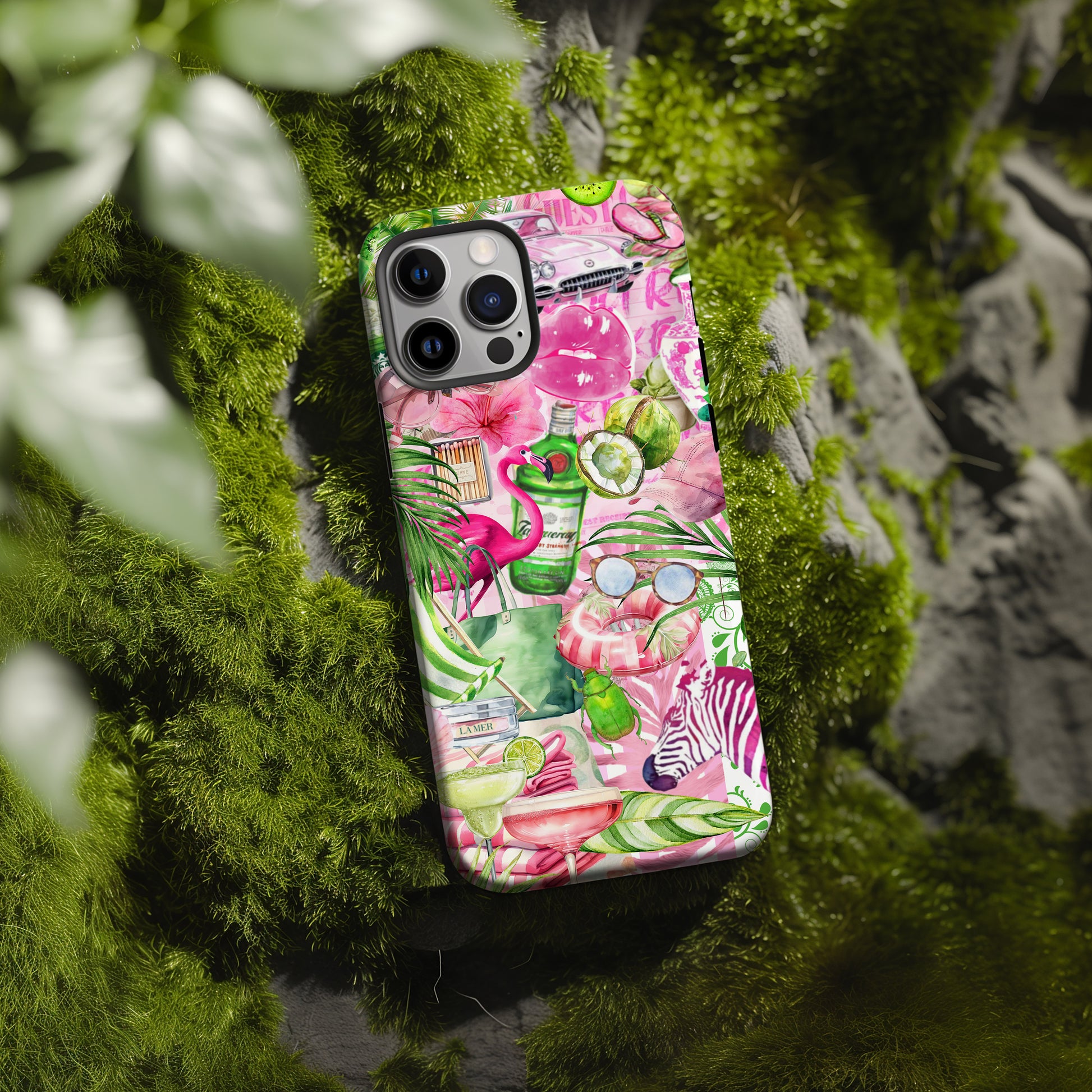 moss rock showing Palm Beach Collage Phone Case. Scrapbook style Maximalist preppy beach design. Pink and Green phone case for iPhone and Samsung Galaxy by Artscape Market