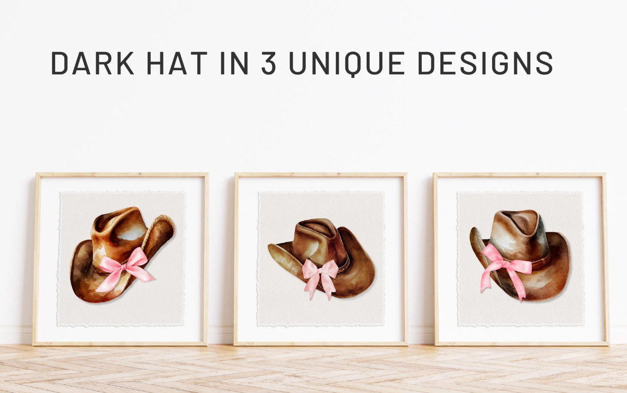 Coquette Dark Cowgirl Hat Pink Bow Wall Art | Poster Printed on Premium Paper