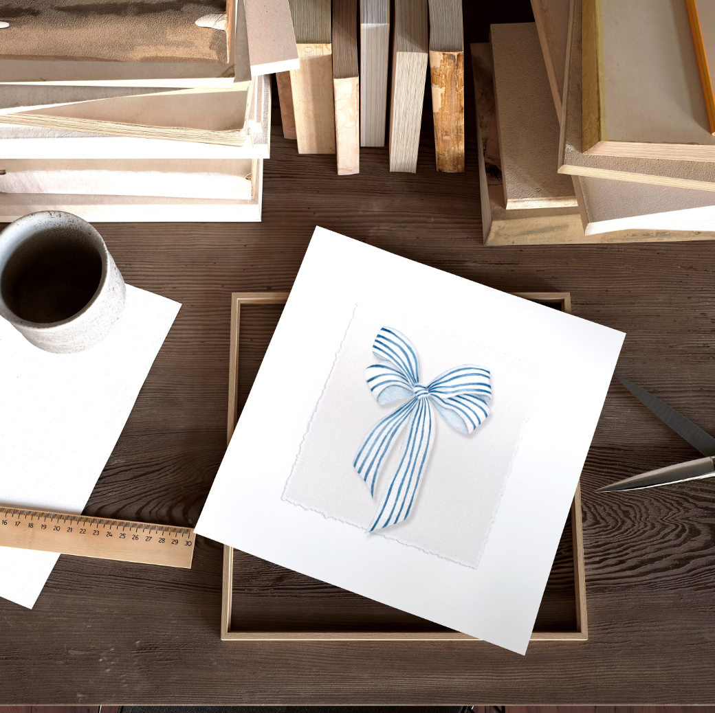 Striped Blue Bow Wall Art Poster Print