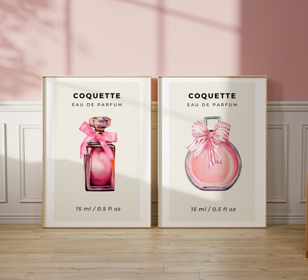 Pink Round Coquette Perfume Bottle with Pink Bow Wall Art Poster