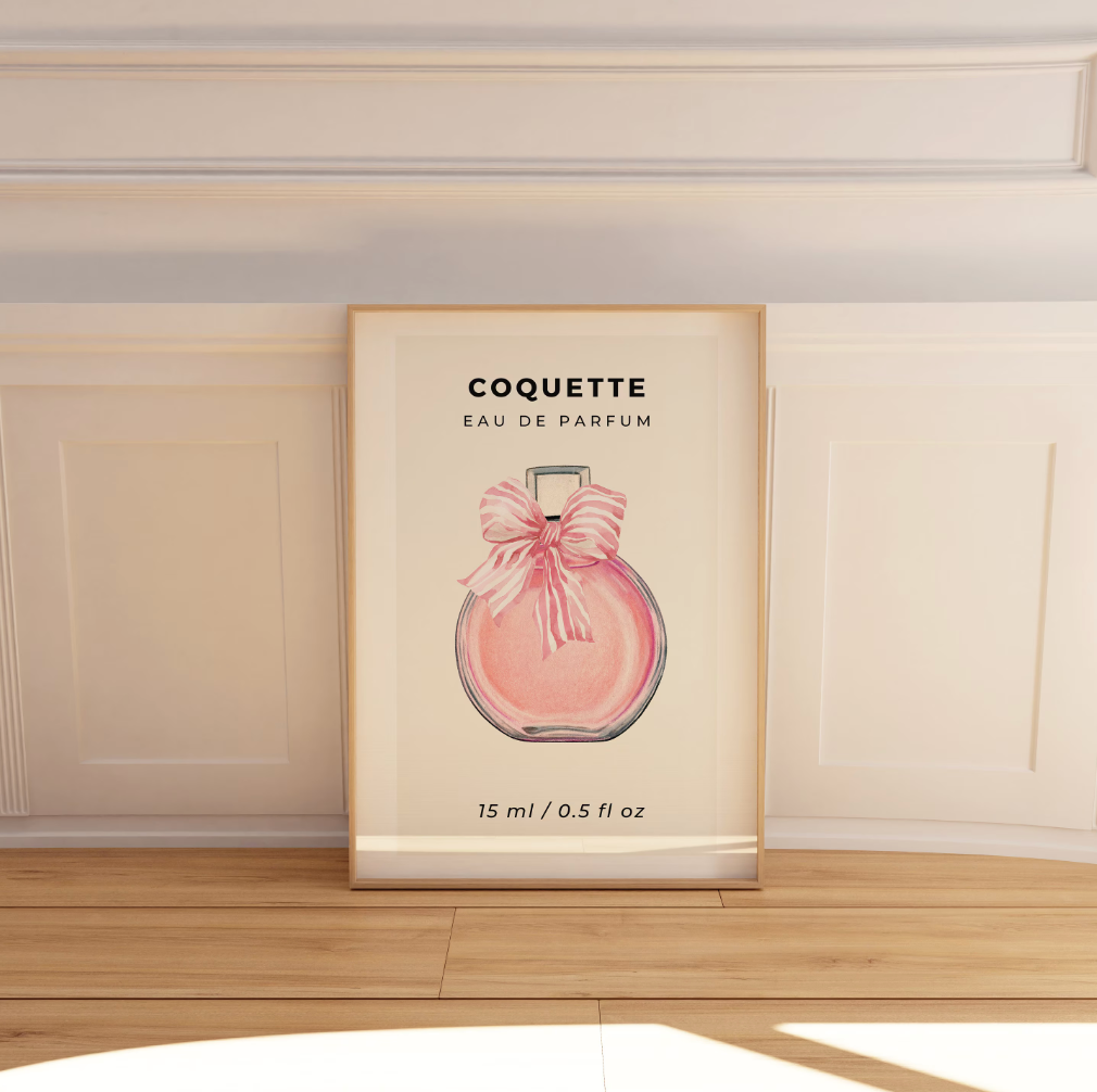 Pink Round Coquette Perfume Bottle with Pink Bow Wall Art Poster