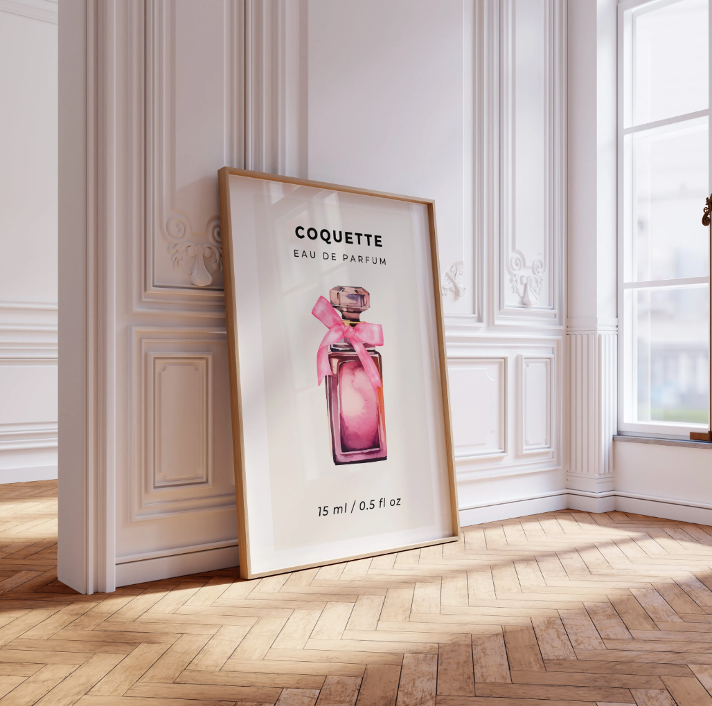 Pink Rectangular Coquette Perfume Bottle with Pink Bow Wall Art Poster