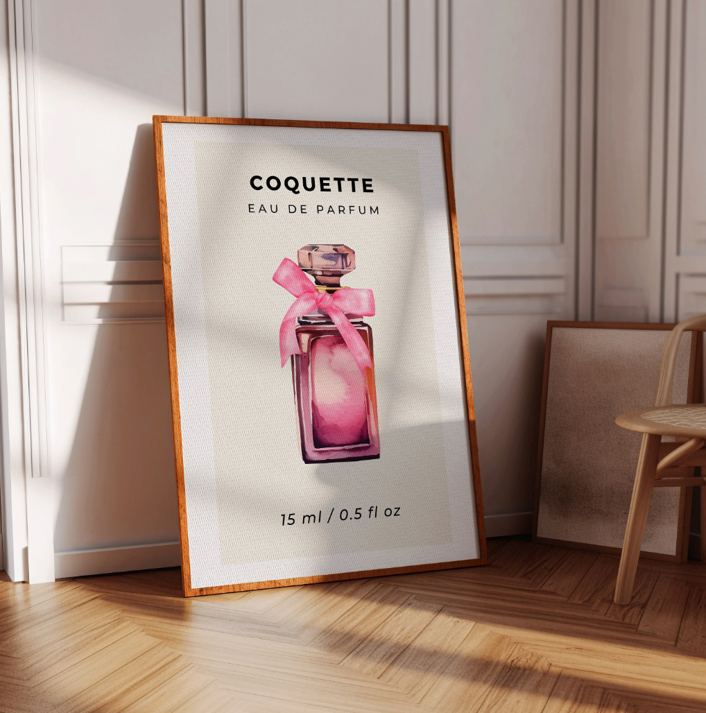 Pink Rectangular Coquette Perfume Bottle with Pink Bow Wall Art Poster