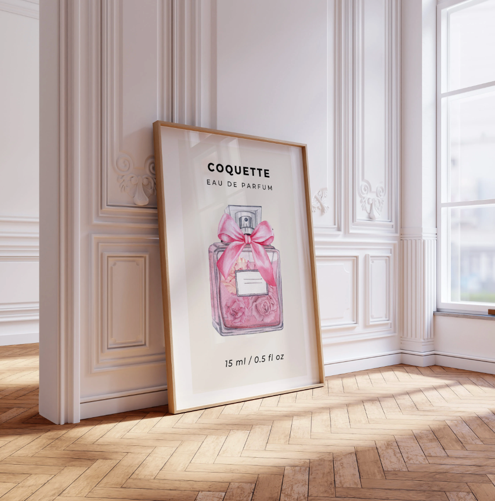Pink Square Coquette Perfume Bottle with Pink Bow Wall Art Poster