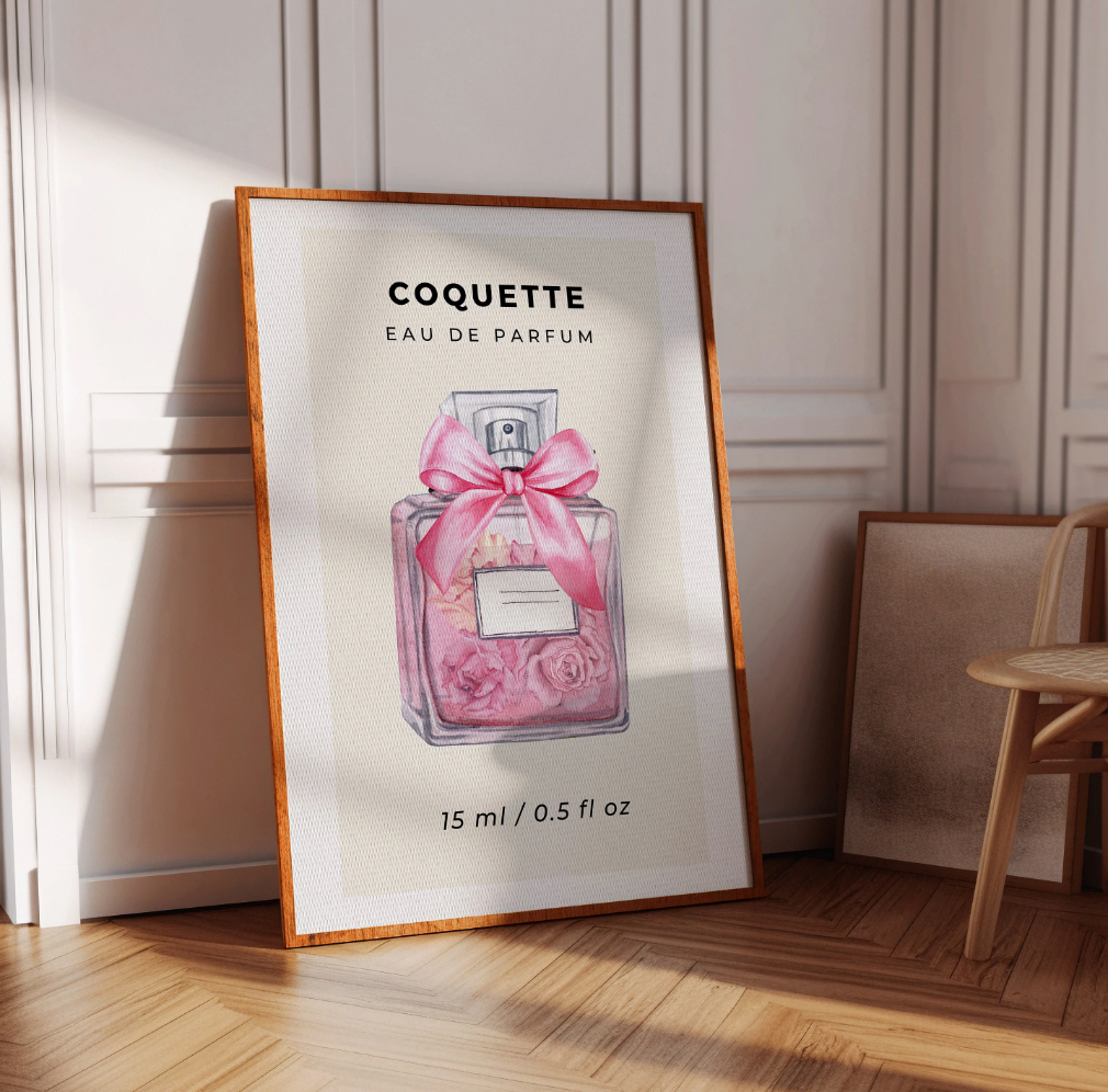 Pink Square Coquette Perfume Bottle with Pink Bow Wall Art Poster