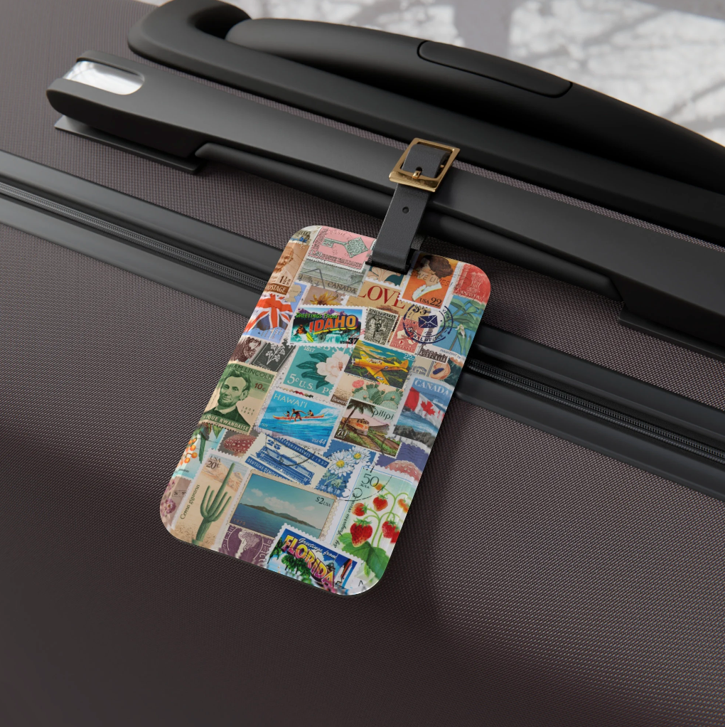 Vintage Stamps Collage Art Travel Luggage Tag