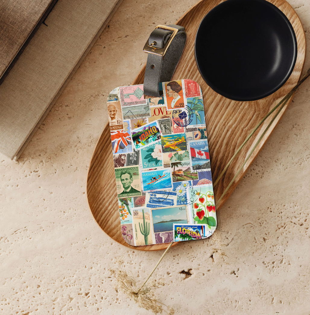 Vintage Stamps Collage Art Travel Luggage Tag