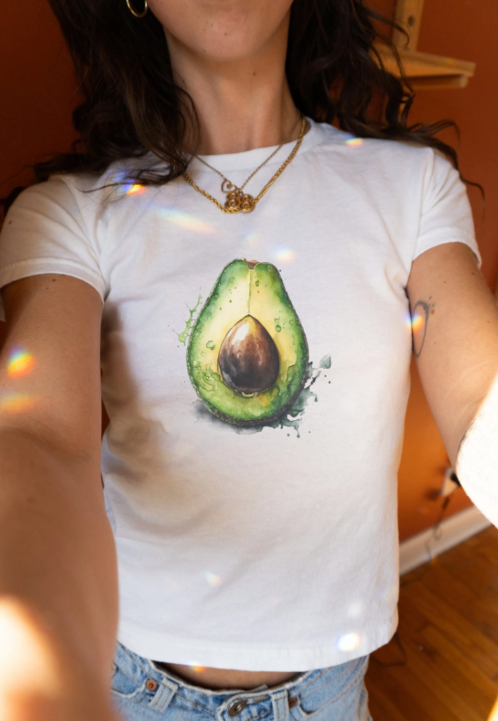 Women's Graphic Baby Tee Retro Avocado Shirt.