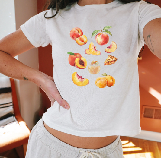 Women's Graphic Baby Tee Retro Fuzzy Peach Shirt.