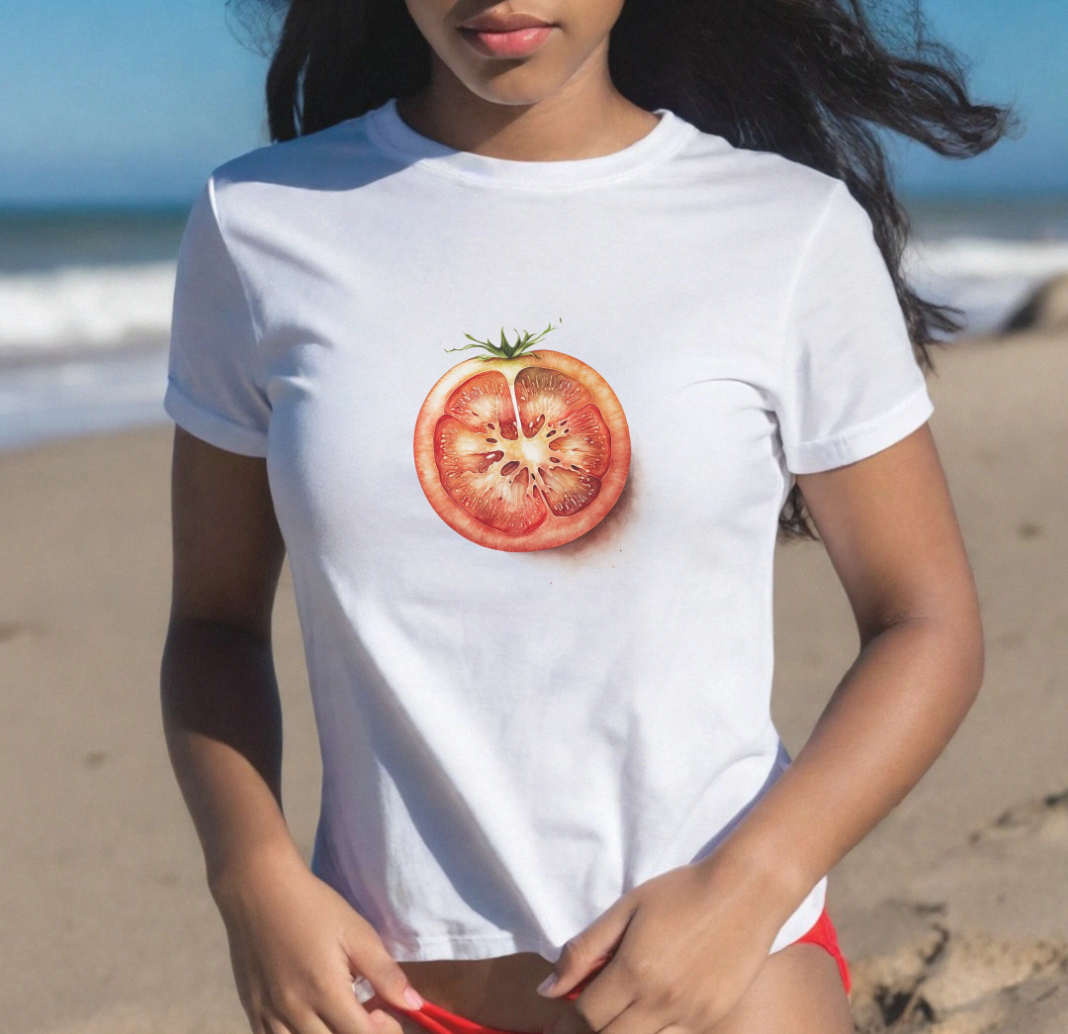 Women's Graphic Baby Tee Retro Tomato Shirt.
