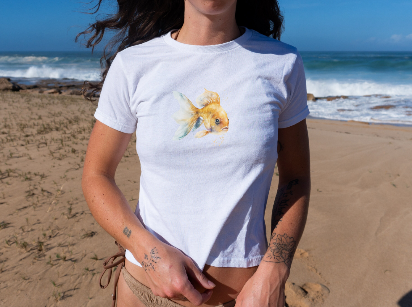 Women's Baby Tee Retro Goldfish Shirt.