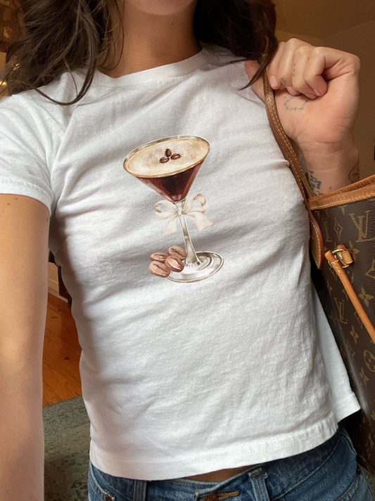 Women's Graphic Baby Tee Espresso Martini. Y2K aesthetic scrapbook collage style shirt. Cocktail Coffee shirt.