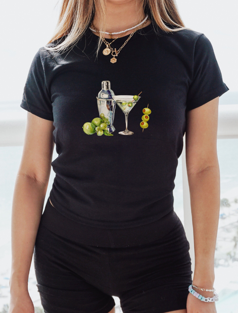Women's Graphic Baby Tee Extra Dirty Martini. Y2K aesthetic scrapbook collage style shirt. Cocktail shirt.