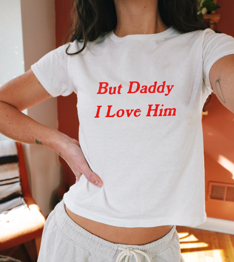 Daddy I love Him Graphic Baby Tee. Y2K aesthetic graphic t shirt. Fitted Retro Graphic TTPD Top for women