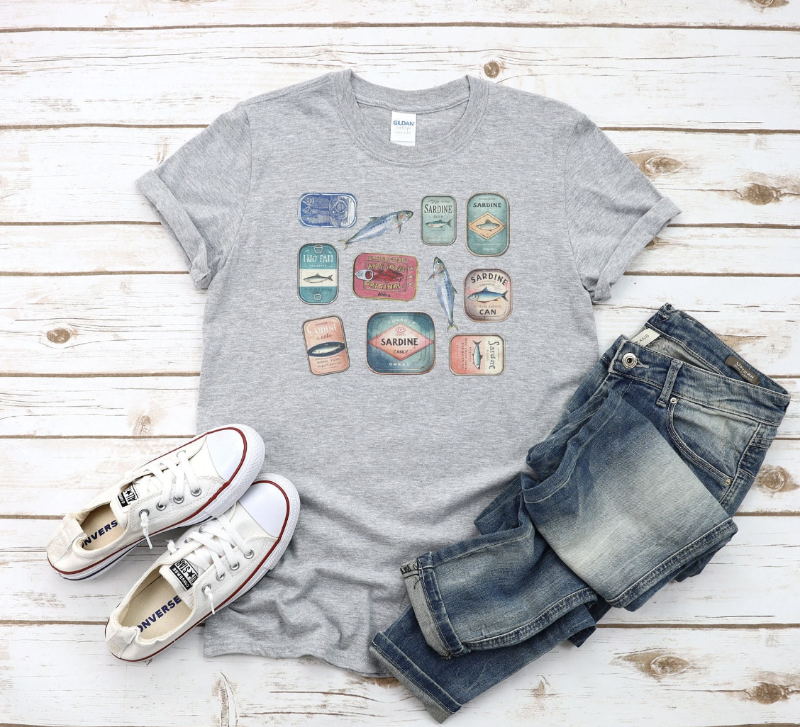 Graphic Baby Tee Collage. Y2K aesthetic scrapbook collage shirt. Sardine can shirt. Retro Top for Women