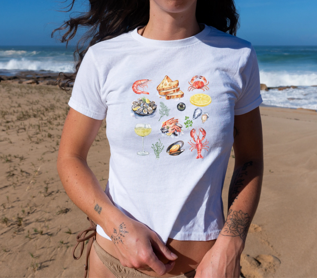 Graphic Baby Tee Collage. Y2K aesthetic scrapbook collage shirt. Seafood platter retro shirt for women