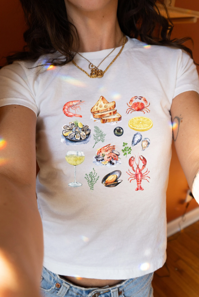 Graphic Baby Tee Collage. Y2K aesthetic scrapbook collage shirt. Seafood platter retro shirt for women