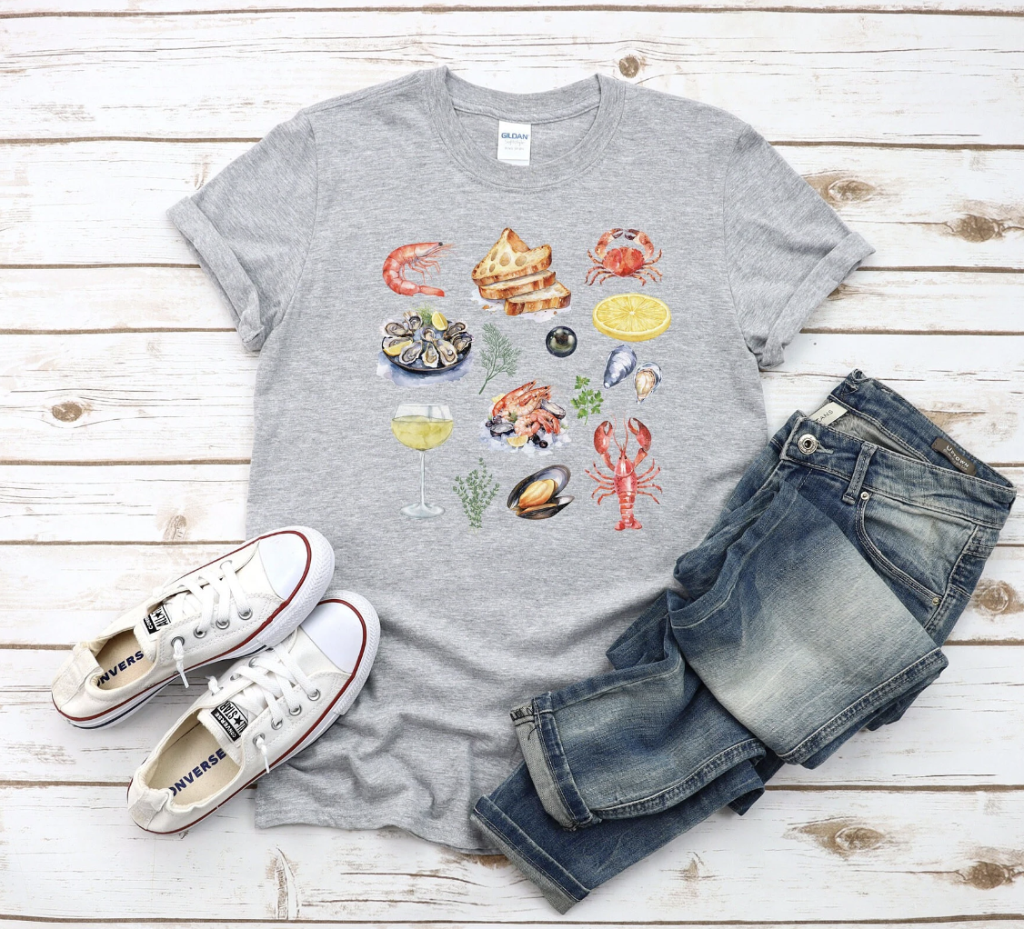 Graphic Baby Tee Collage. Y2K aesthetic scrapbook collage shirt. Seafood platter retro shirt for women