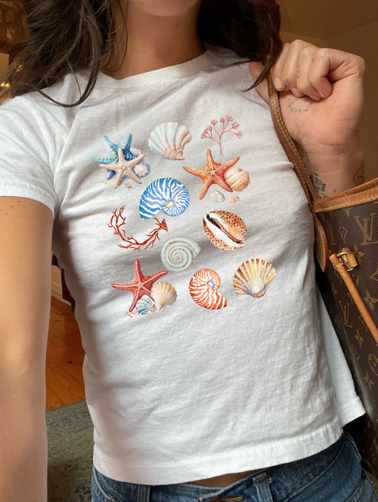 Sea Shells Graphic Baby Tee Collage. Y2K aesthetic scrapbook collage shirt. Retro Graphic Top for women