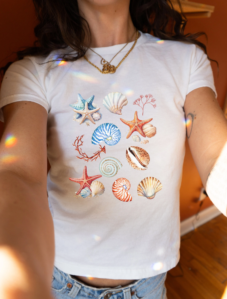 Sea Shells Graphic Baby Tee Collage. Y2K aesthetic scrapbook collage shirt. Retro Graphic Top for women