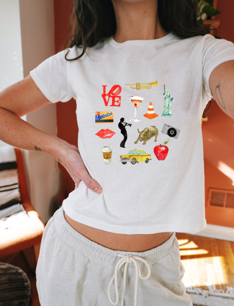 Graphic Baby Tee Collage. Y2K aesthetic scrapbook collage shirt. Collage NY City shirt. Retro Graphic Top for women