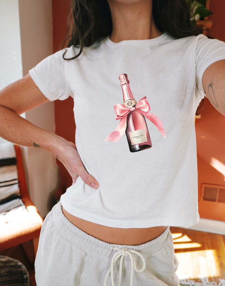 Graphic Baby Tee Champagne Bottle. Y2K aesthetic scrapbook collage style shirt. 