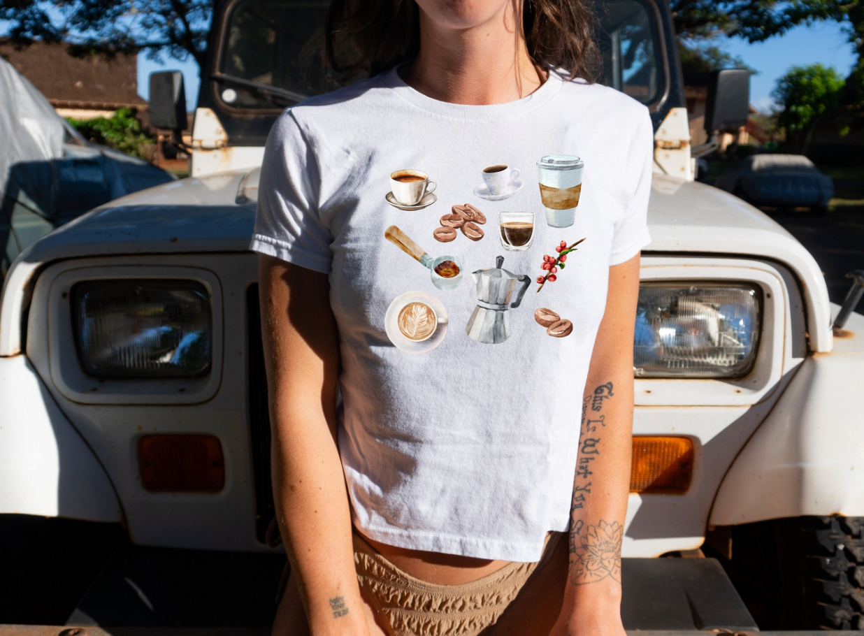 Graphic Baby Tee Coffee. Y2K aesthetic scrapbook collage style shirt. Coffee shirt.