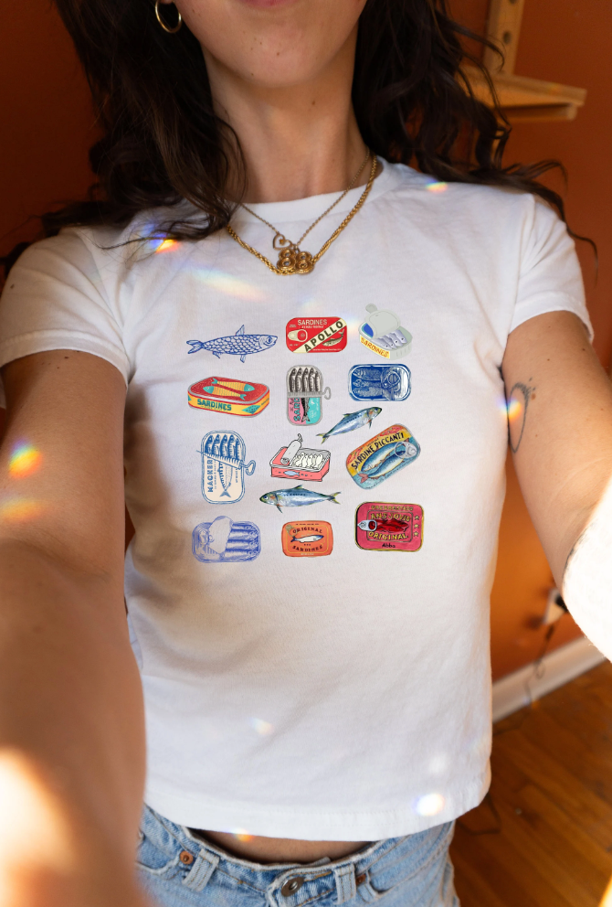 Graphic Baby Tee Collage. Y2K aesthetic scrapbook collage shirt. Collage sardines shirt.